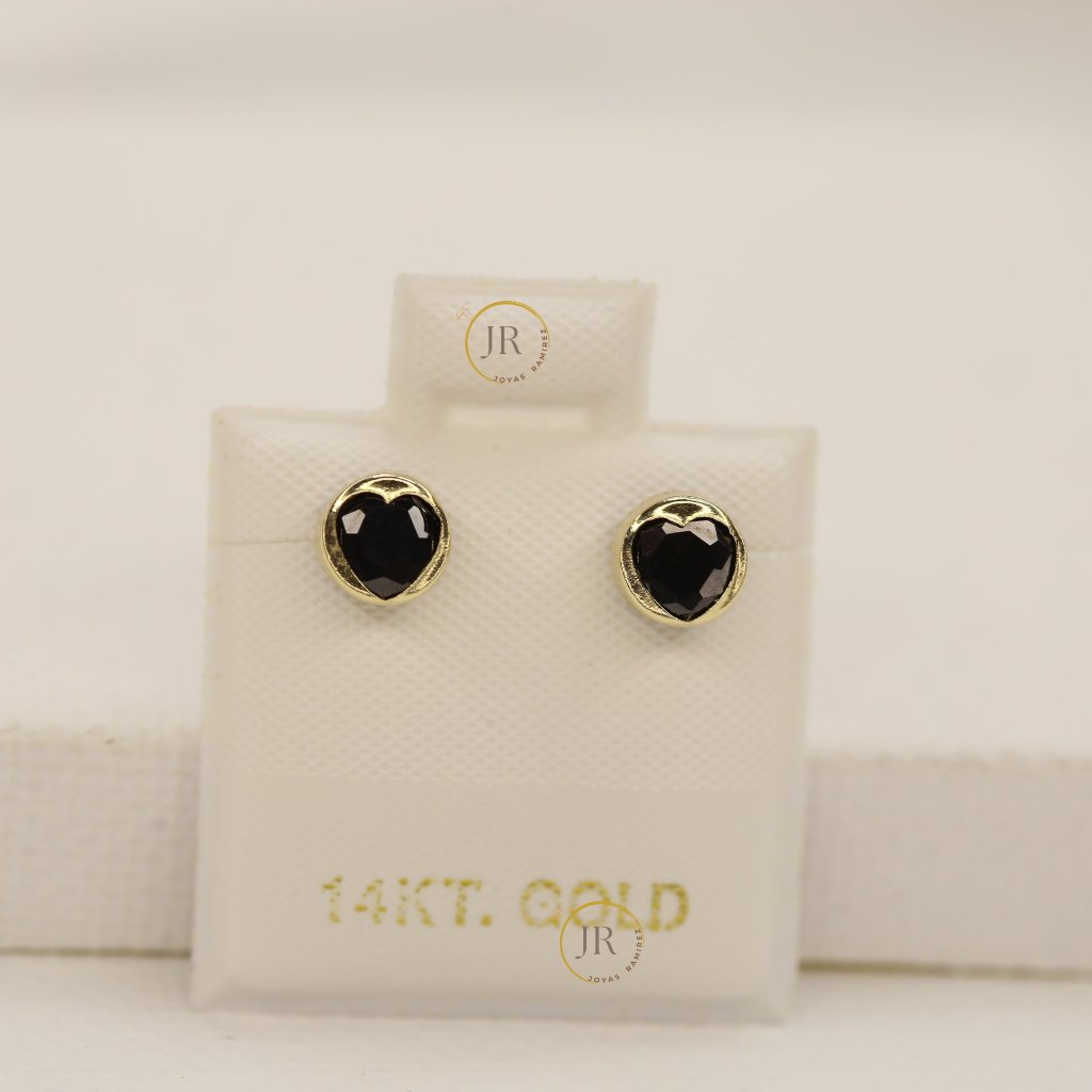 Elegant 14k Gold Heart Stud Earrings Black Zirconia 5mm Screw Back Design.